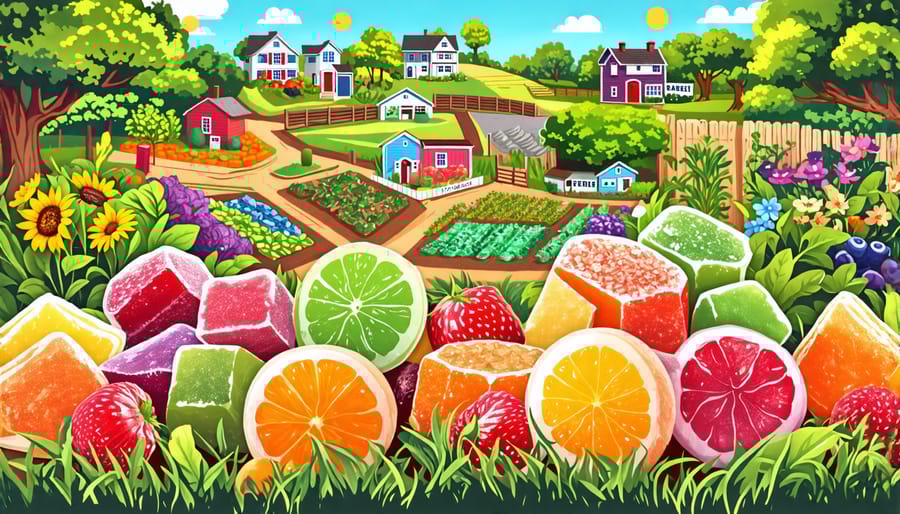 An illustration of vibrant freeze-dried candy with a backdrop showing small local farms and urban gardens, symbolizing the intersection of sustainability, food sovereignty, and innovative food practices.